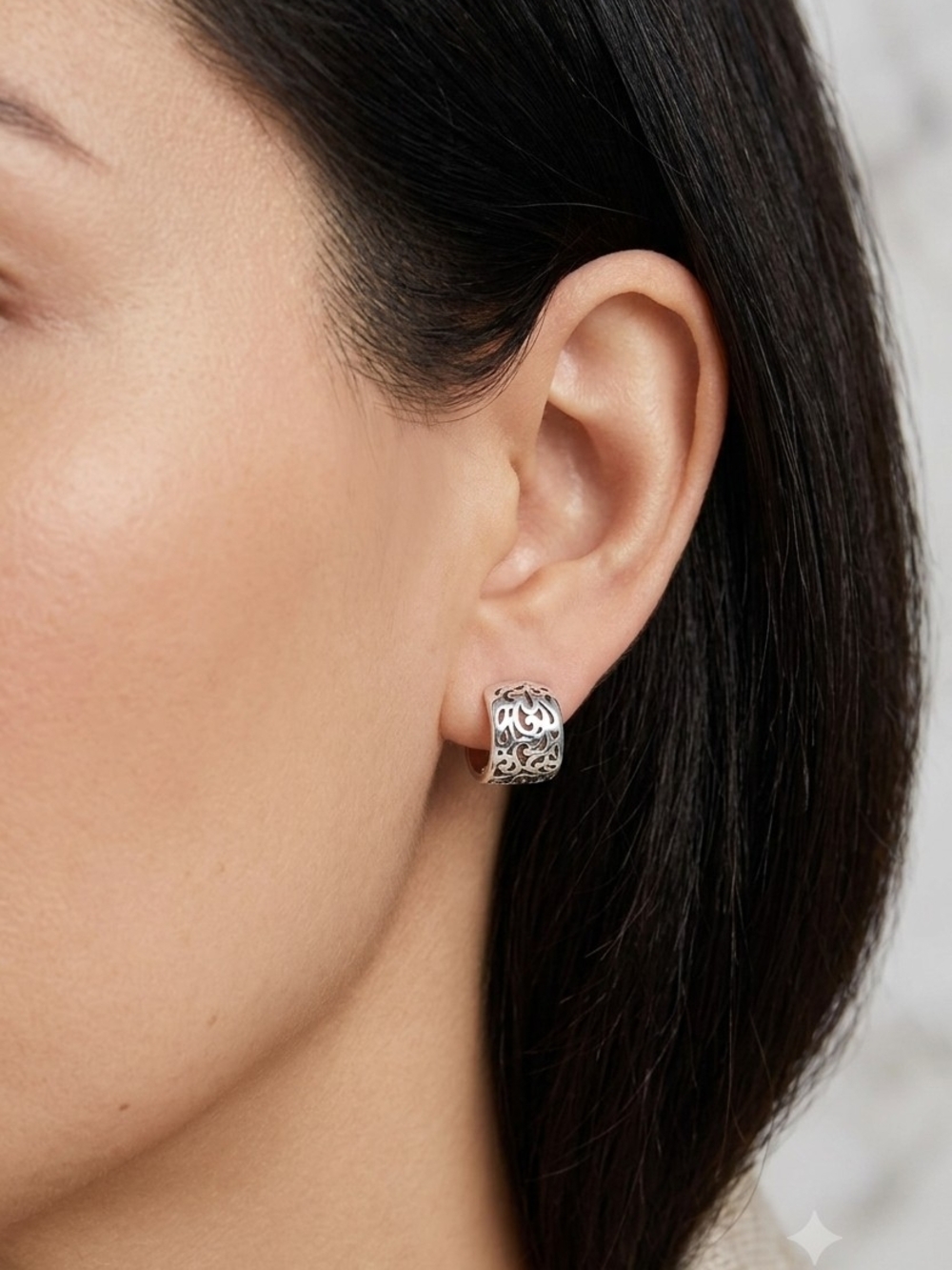 Sterling Silver Filigree Huggie Hoop Earrings - Silver
